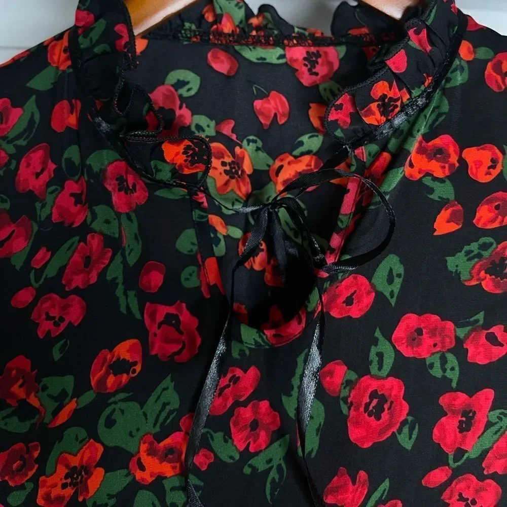 Floral Print Flounce Sleeve Frilled Tie Neck Top XS